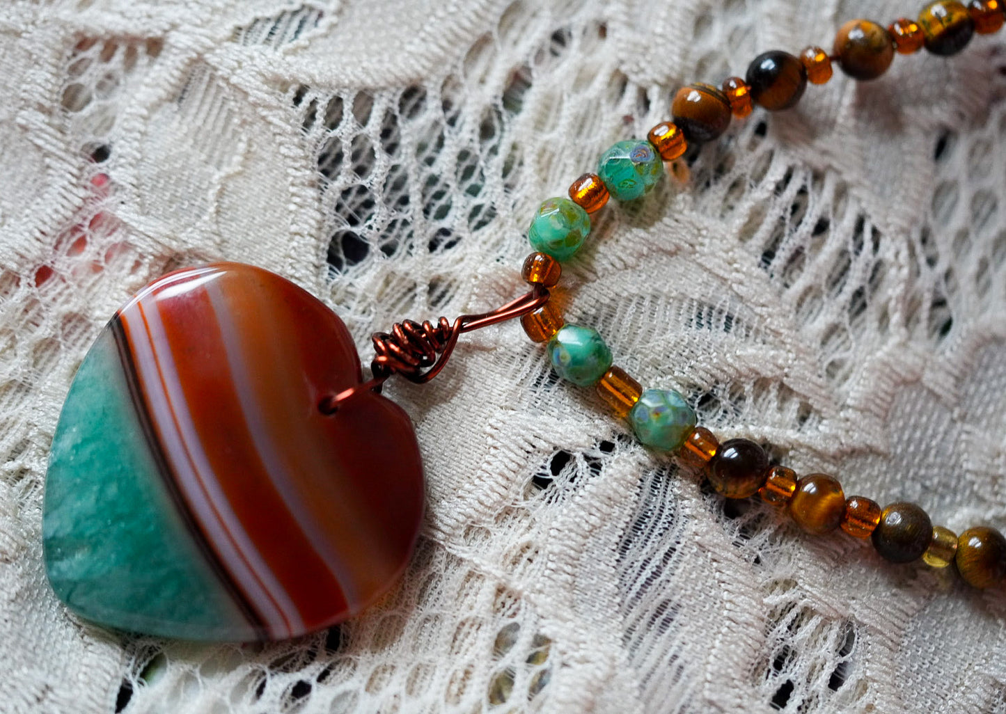 Amber Adonia Beaded Heart Necklace in Agate