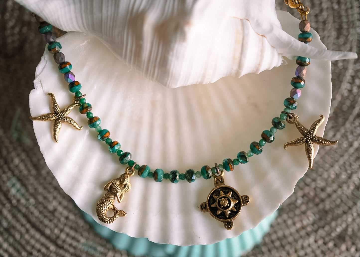 Mermaid, starfish charm bracelet handmade beaded nautical