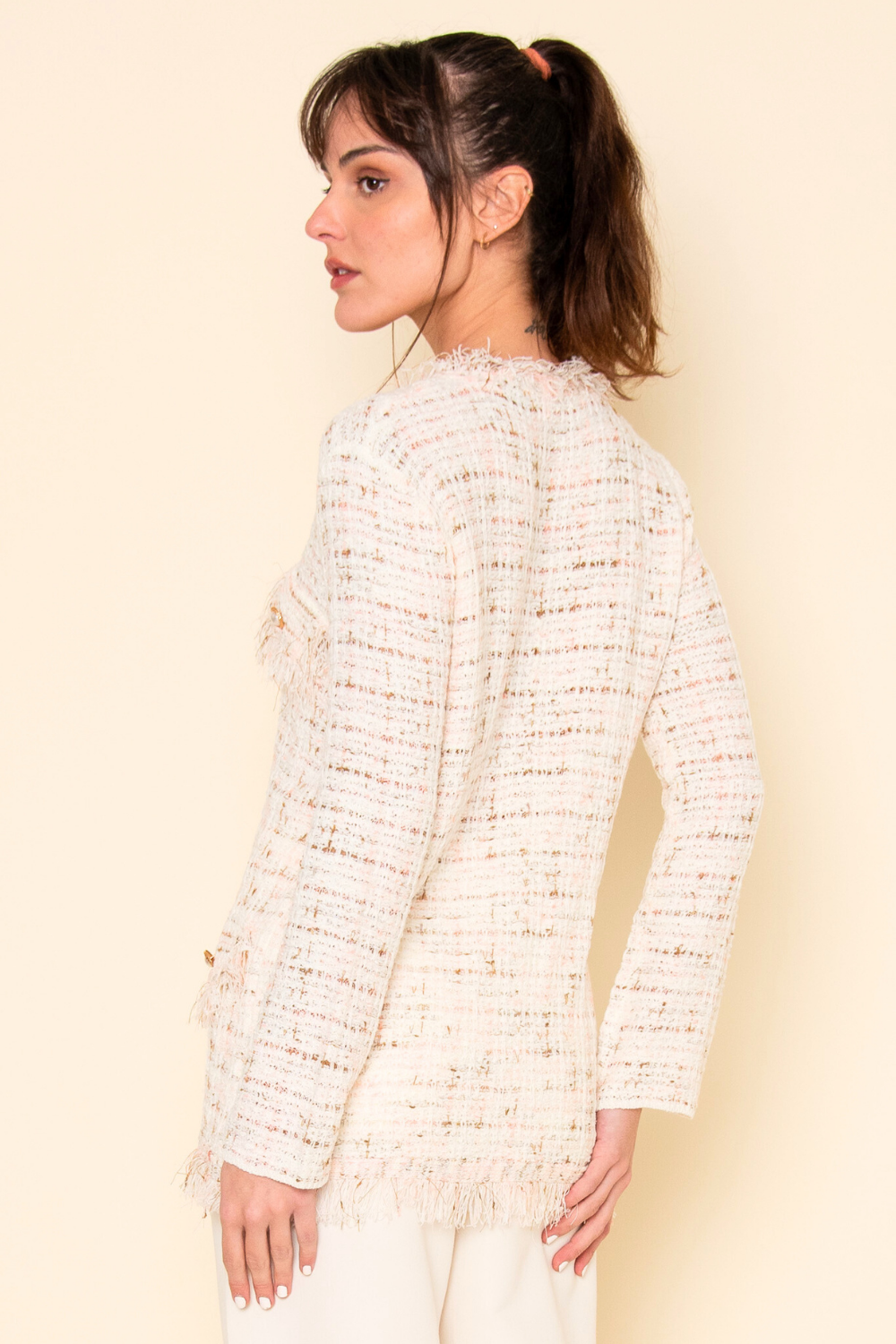 Freida Frayed Tweed Ribbon Pearl Cardigan