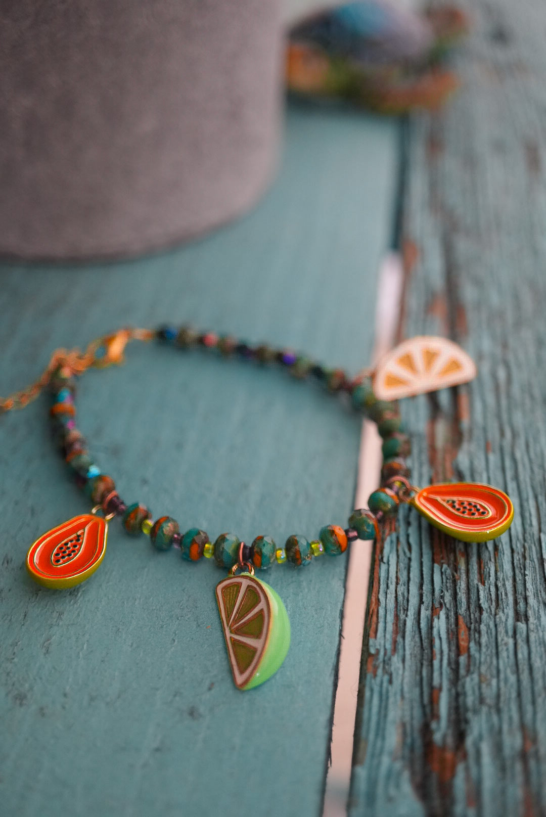 Citrus & Papaya Fruit Slice Hand Beaded Charm Bracelet