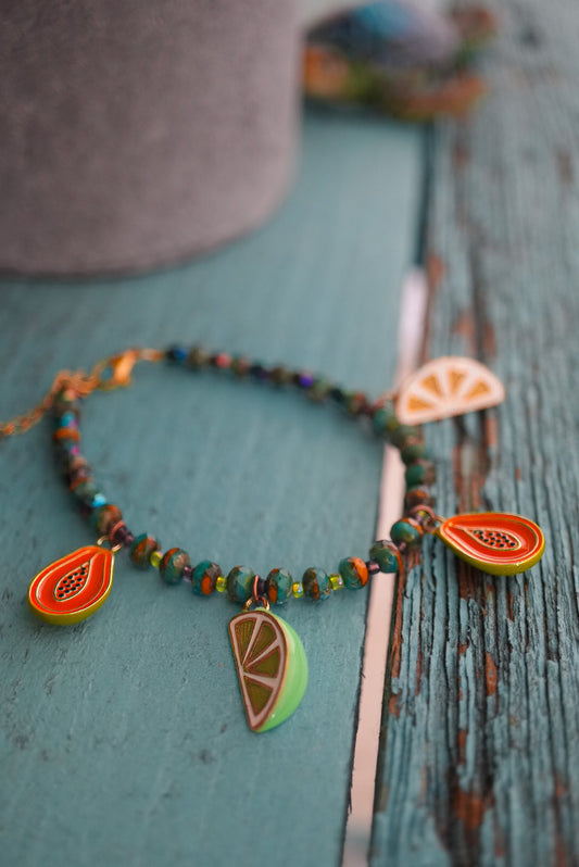 Citrus & Papaya Fruit Slice Hand Beaded Charm Bracelet NEW