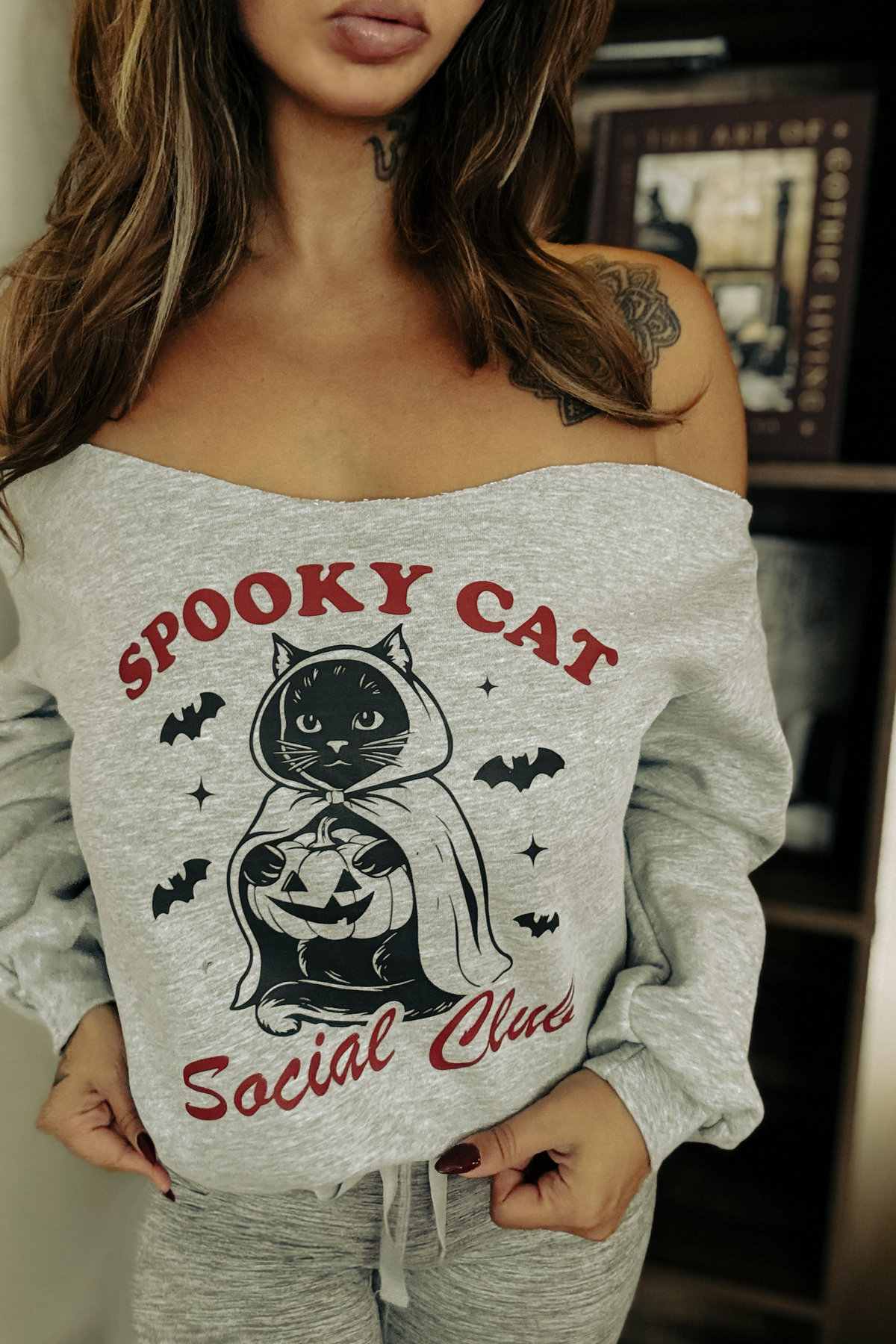 Spooky Cat Social Club Off-The-Shoulder Halloween Sweatshirt