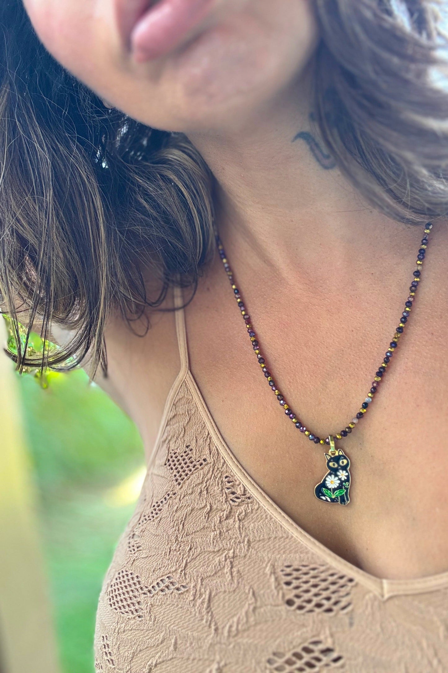 Daisy Kitty Cat Enameled Charm Hand Beaded Necklace