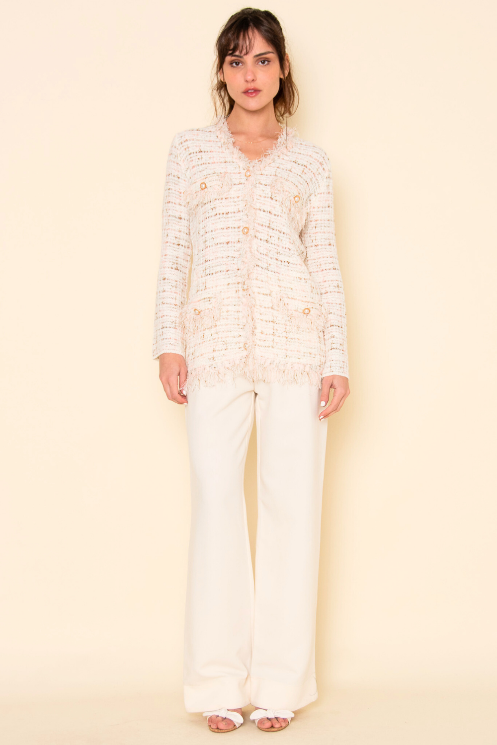 Freida Frayed Tweed Ribbon Pearl Cardigan