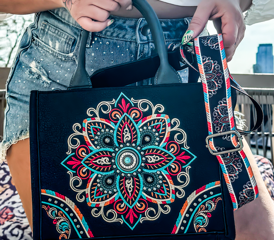 Mandala Carry Everywhere Purse Black Satchel Tote with Strap