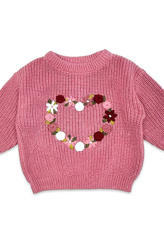 French Rose Heart Embroidered Slouchy Baby Sweater Cardigan