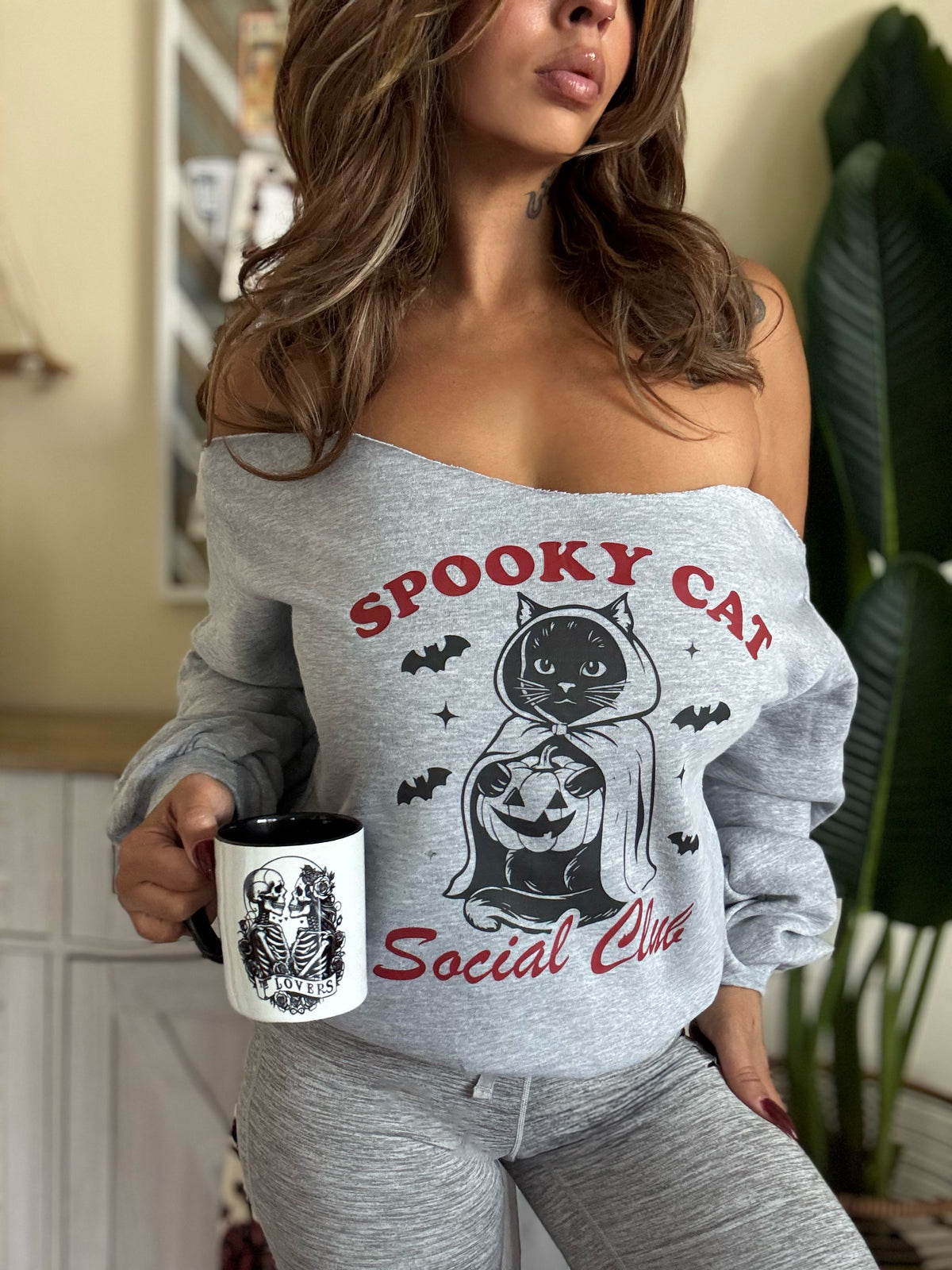 Spooky Cat Social Club Off-The-Shoulder halloween Sweatshirt