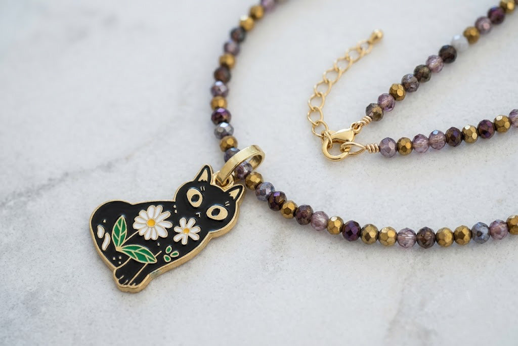 Daisy Kitty Cat Enameled Charm Hand Beaded Necklace