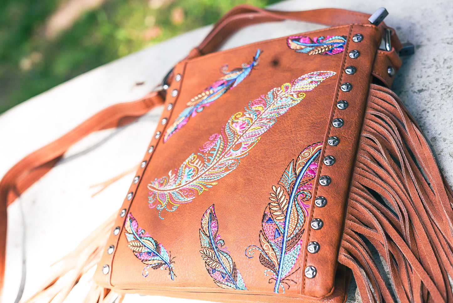 Free Spirit Embroidered Feather Fringe Crossbody Purse in Tan Multi