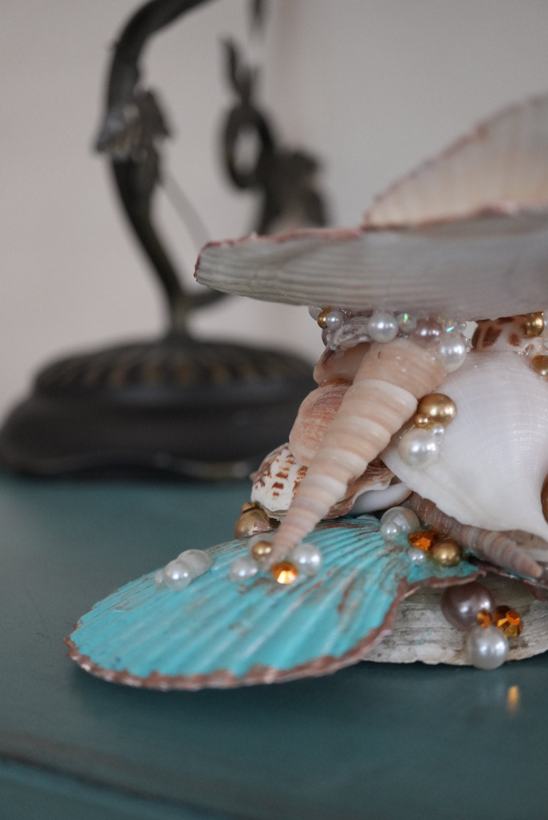 Embellished Mermaid Shell Jewelry Holder and Trinket Tray - Coastal Blue and White