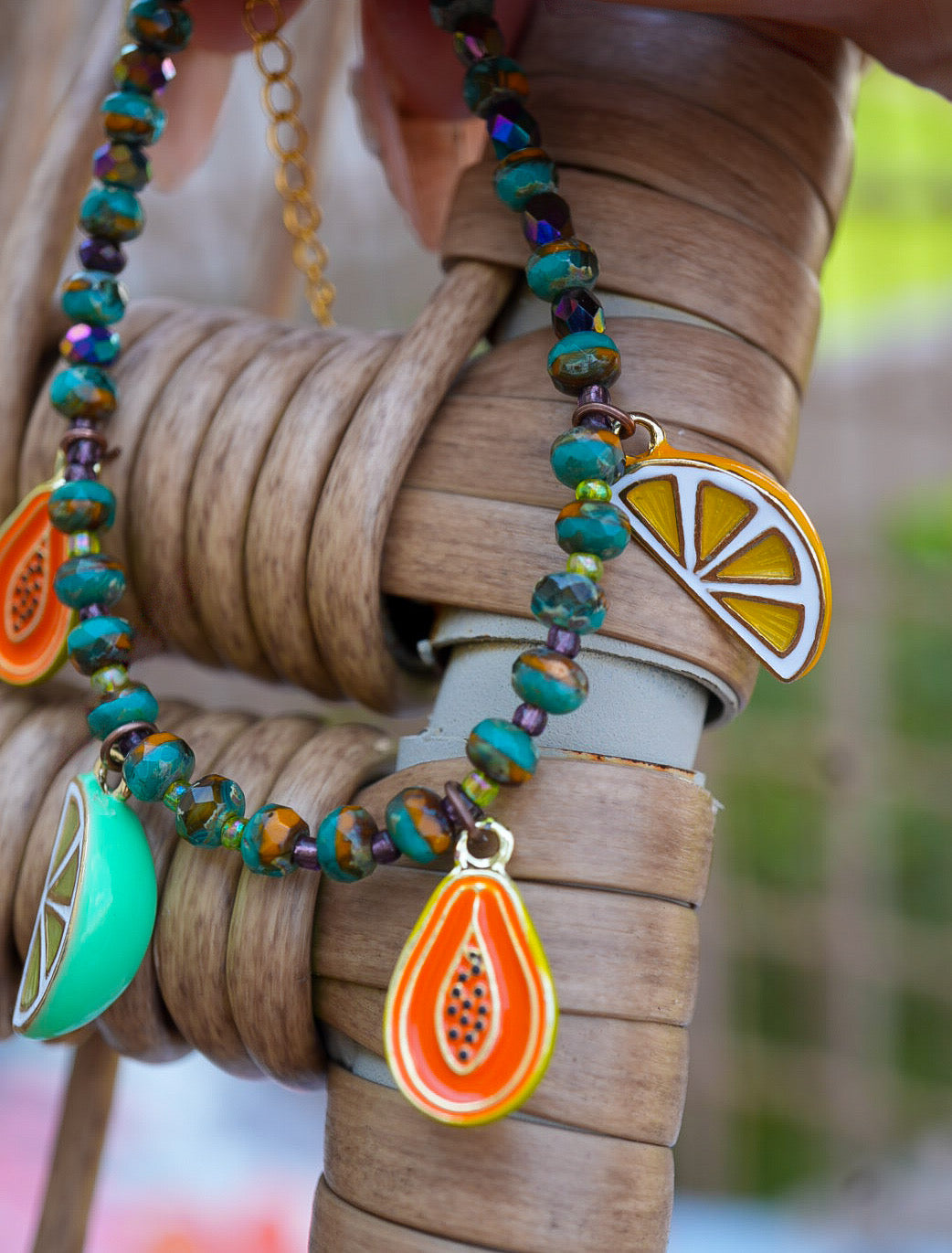 Citrus & Papaya Fruit Slice Hand Beaded Charm Bracelet