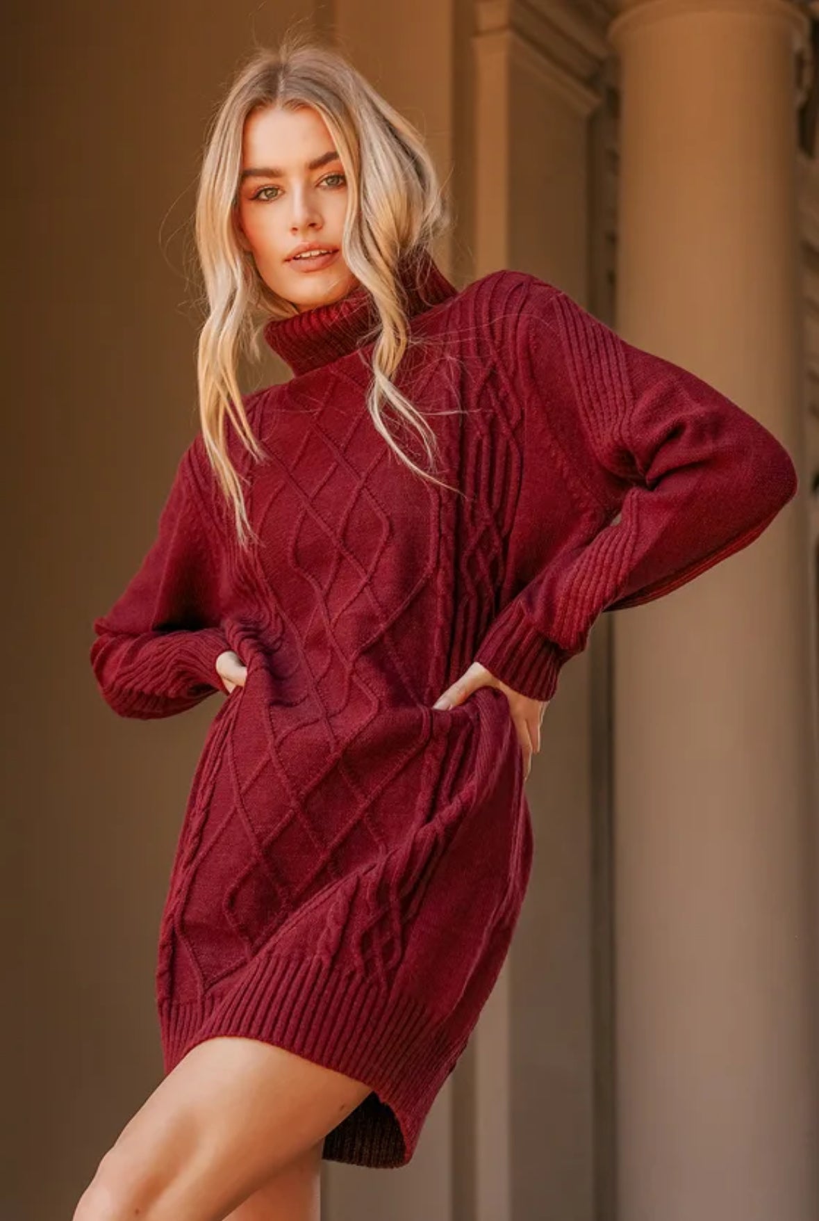 Cozy Cable Knit Sweaterdress in Cranberry