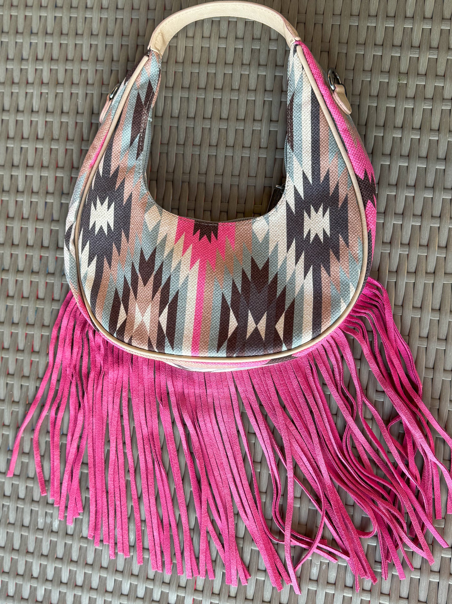 Southwest Canvas Pink Fringe Crescent Handbag with Fringe