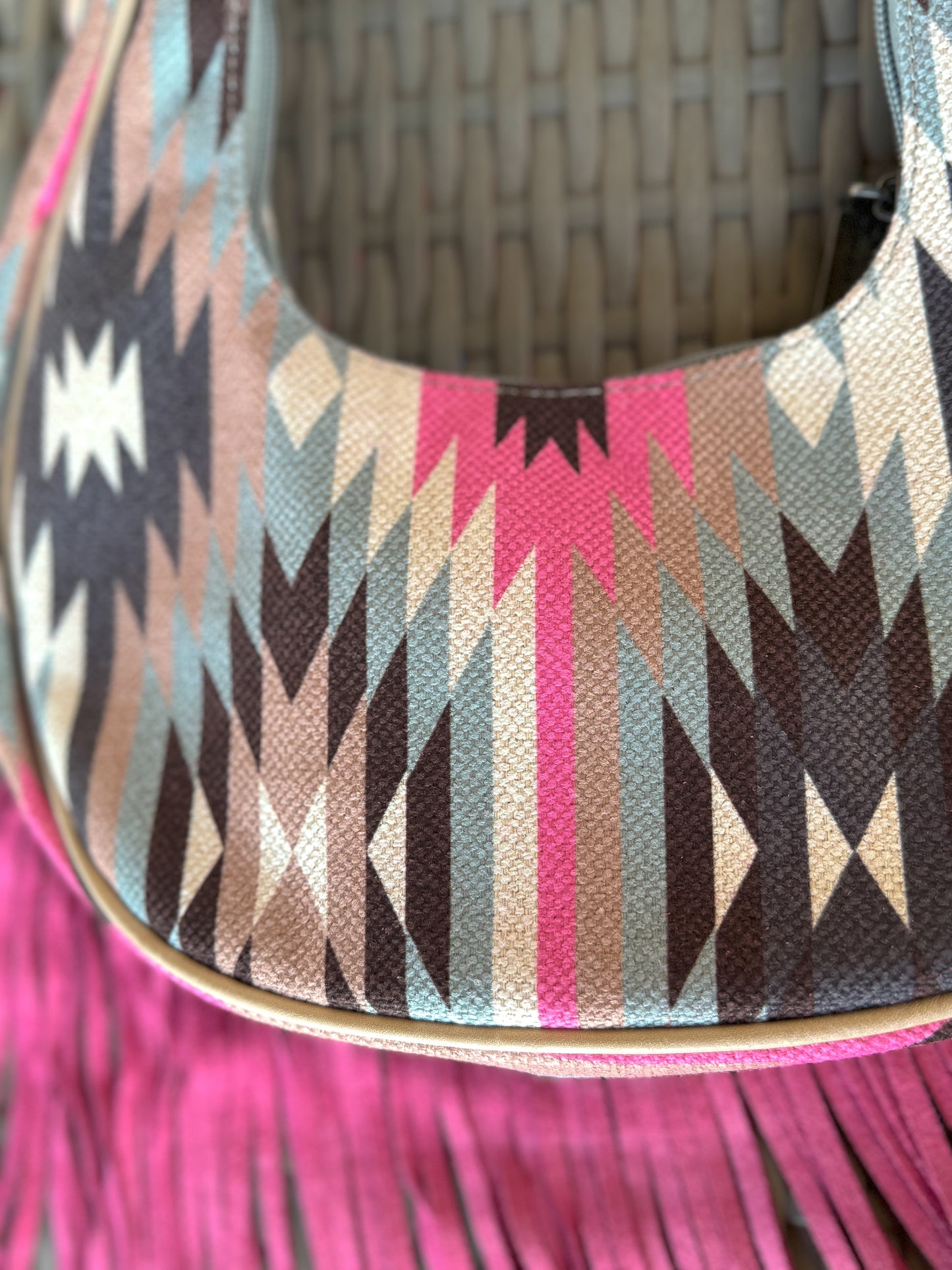 Southwest Canvas Pink Fringe Crescent Handbag with Fringe