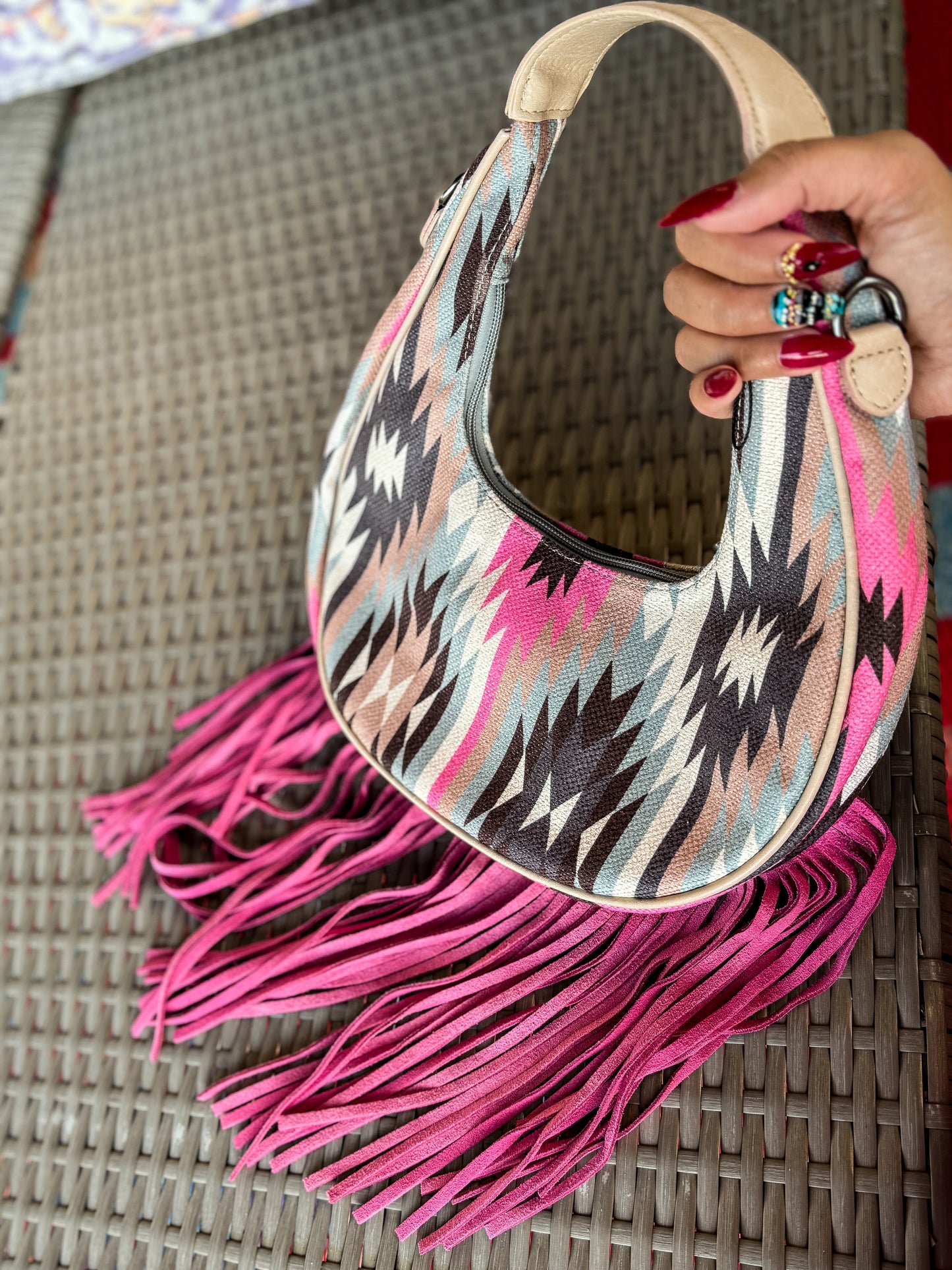 Southwest Canvas Pink Fringe Crescent Handbag with Fringe