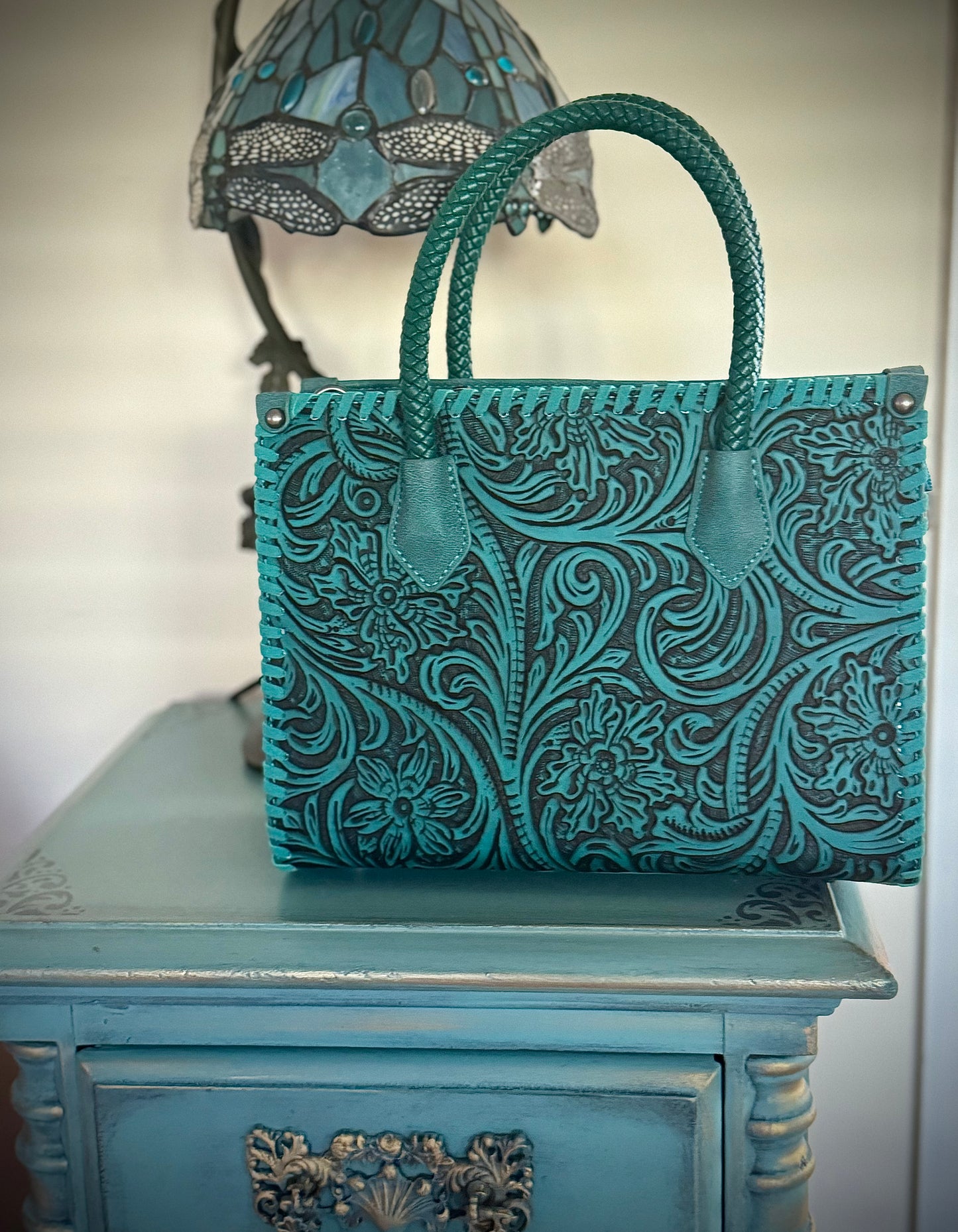 Robin Tooled Vegan Leather Satchel in Teal NEW
