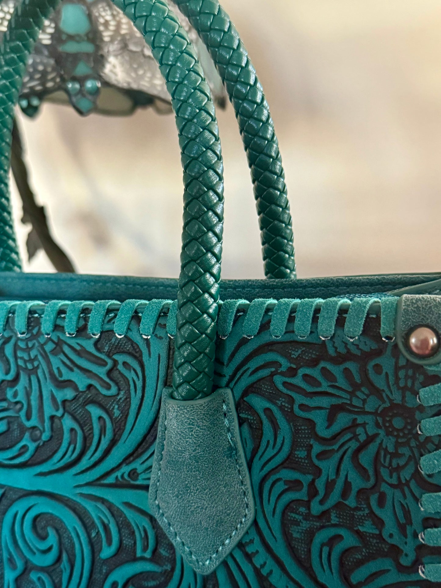 Robin Tooled Vegan Leather Satchel in Teal NEW
