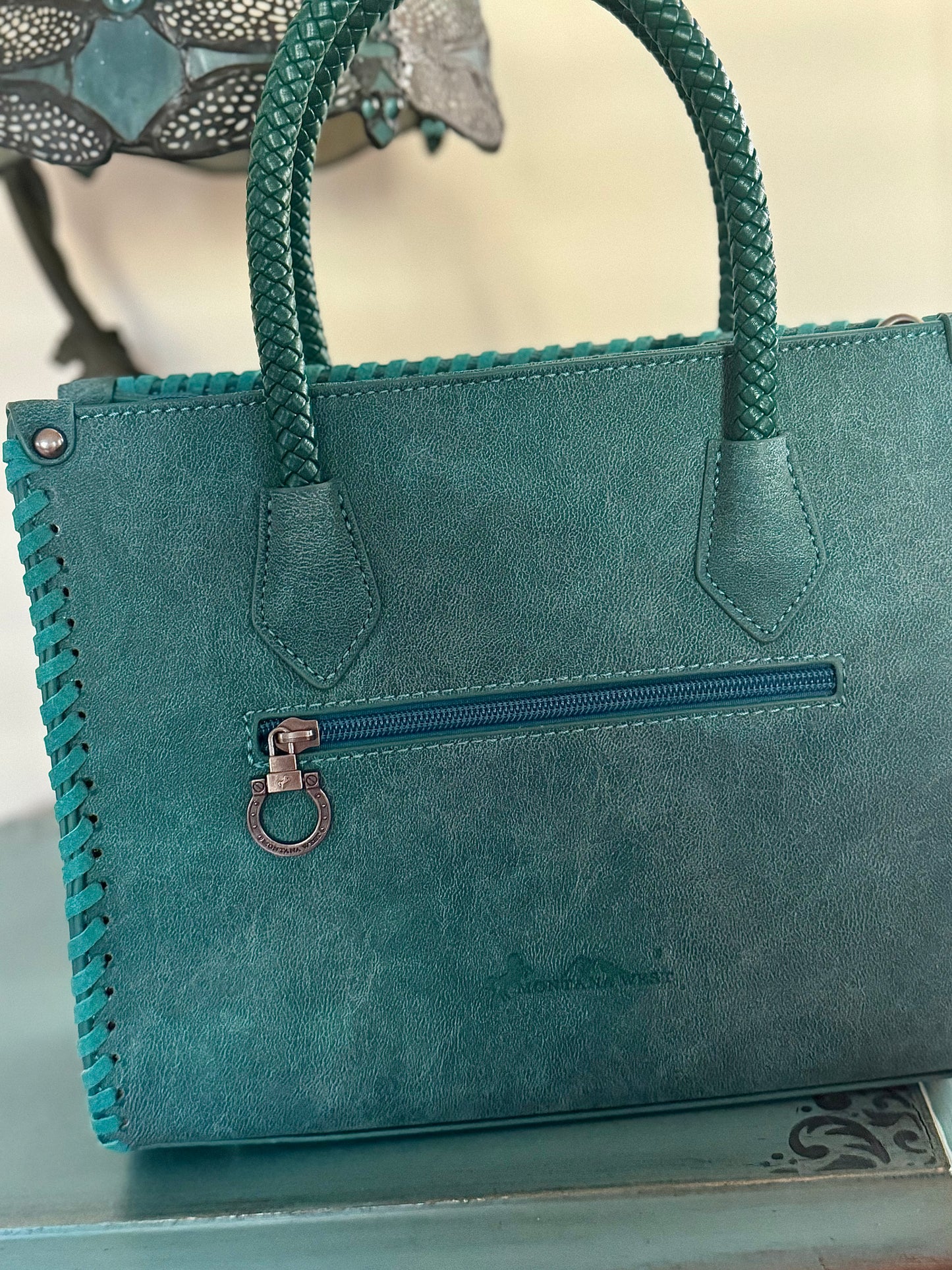 Robin Tooled Vegan Leather Satchel in Teal NEW