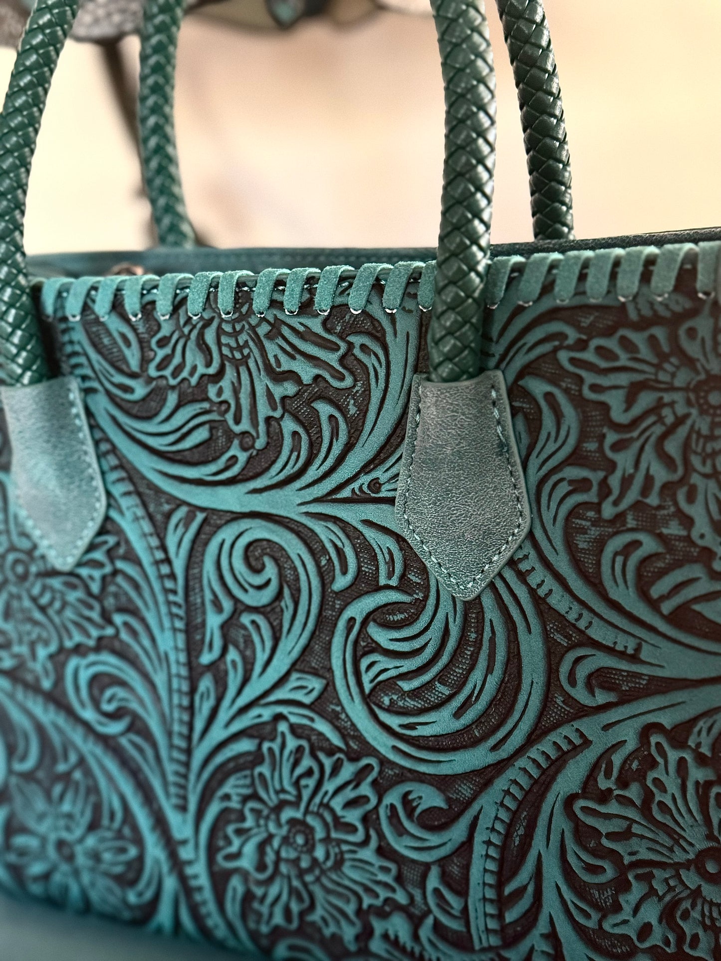 Robin Tooled Vegan Leather Satchel in Teal NEW