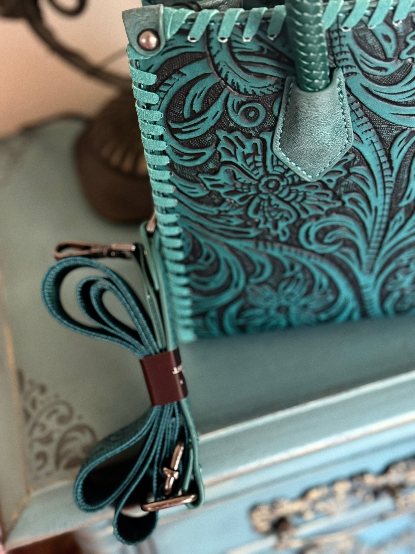 Robin Tooled Vegan Leather Satchel in Teal NEW