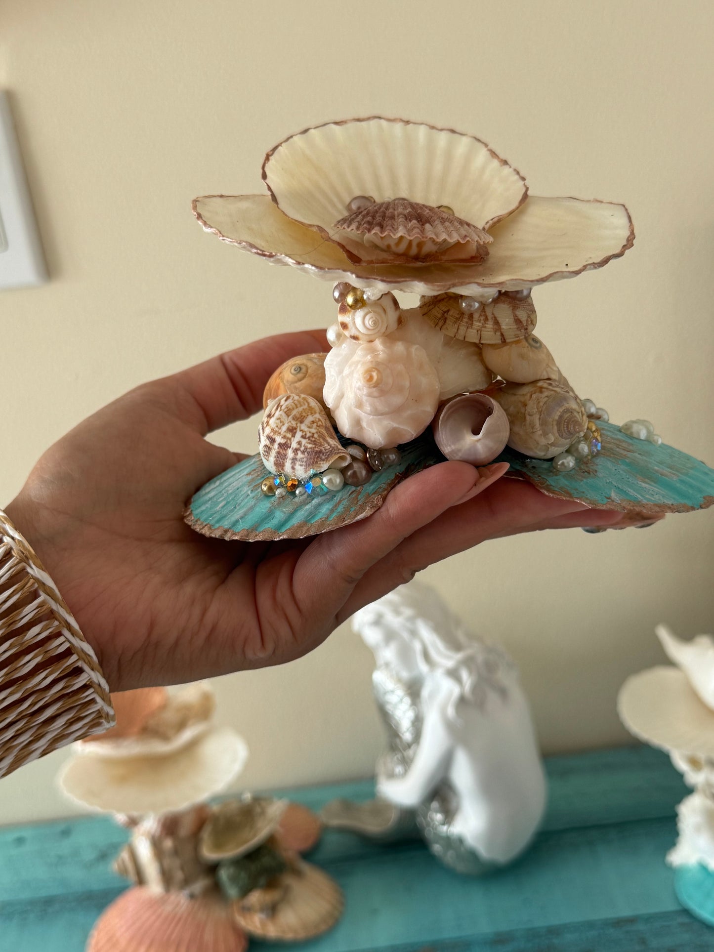 Embellished Mermaid Shell Jewelry Holder and Trinket Tray - Coastal Blue and White