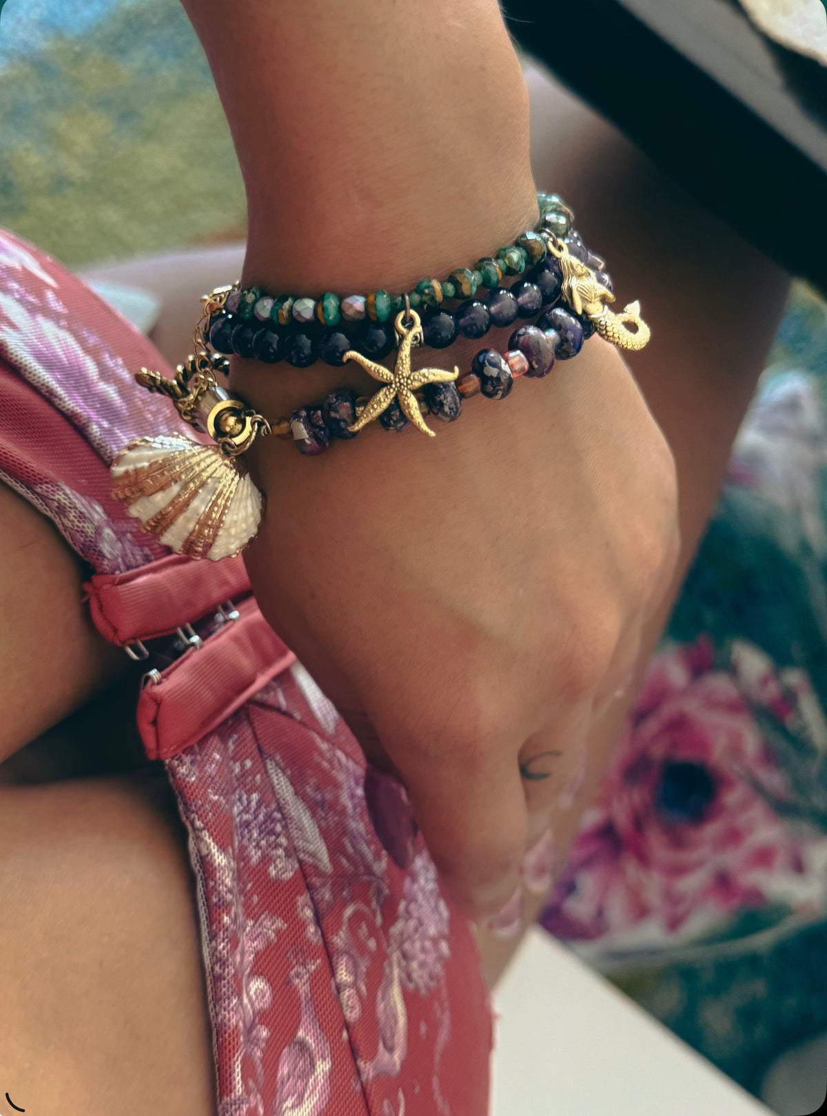 The Coastal Bracelet Stack - Hand Beaded Edition of Mermaid and Shells