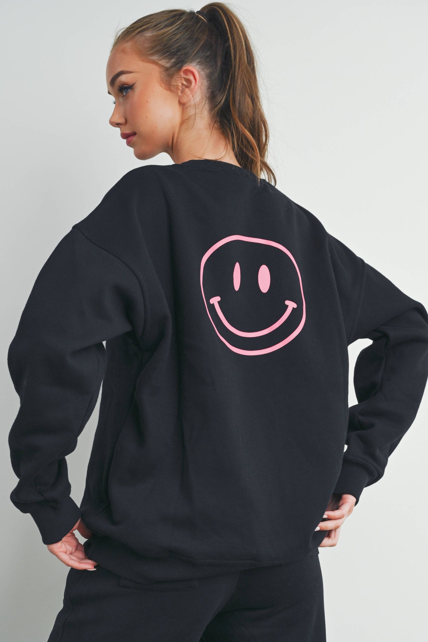 Smiley Embroidered French Terry Sweatshirt Black