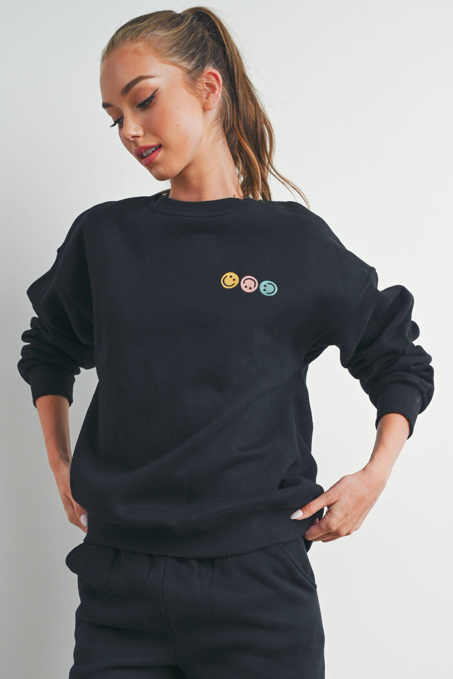 Smiley Embroidered French Terry Sweatshirt Black