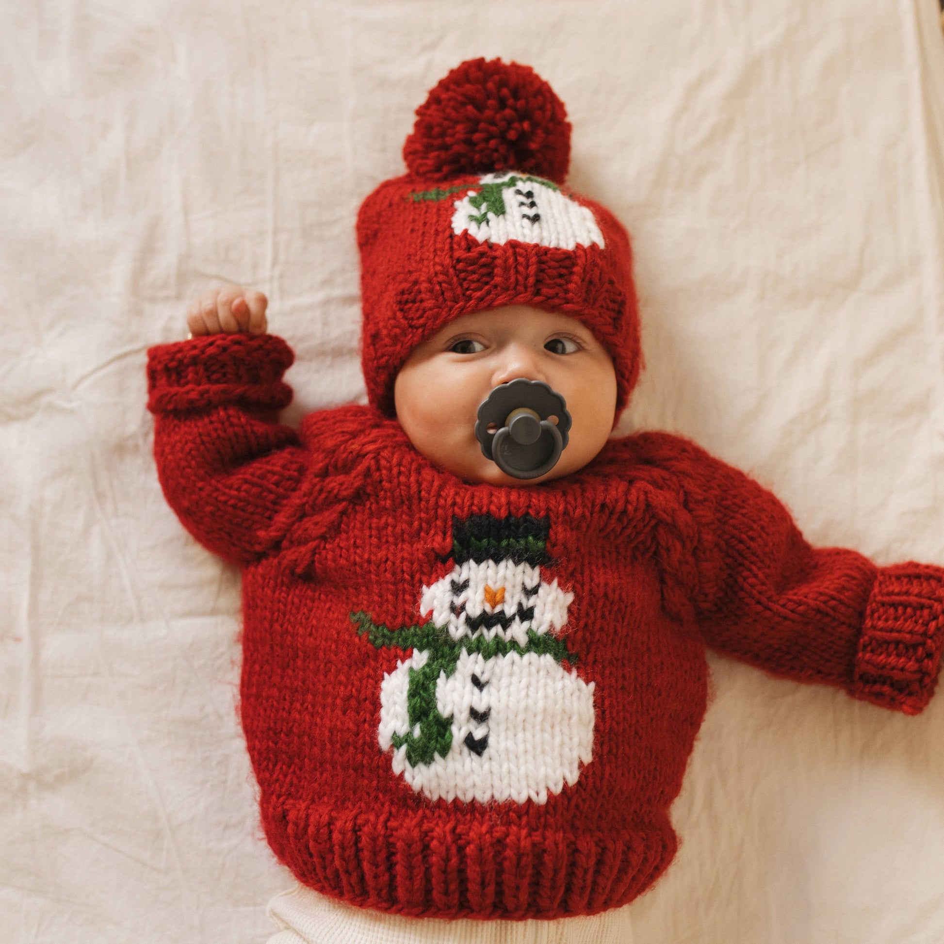 Red snowman baby sweater hand knit