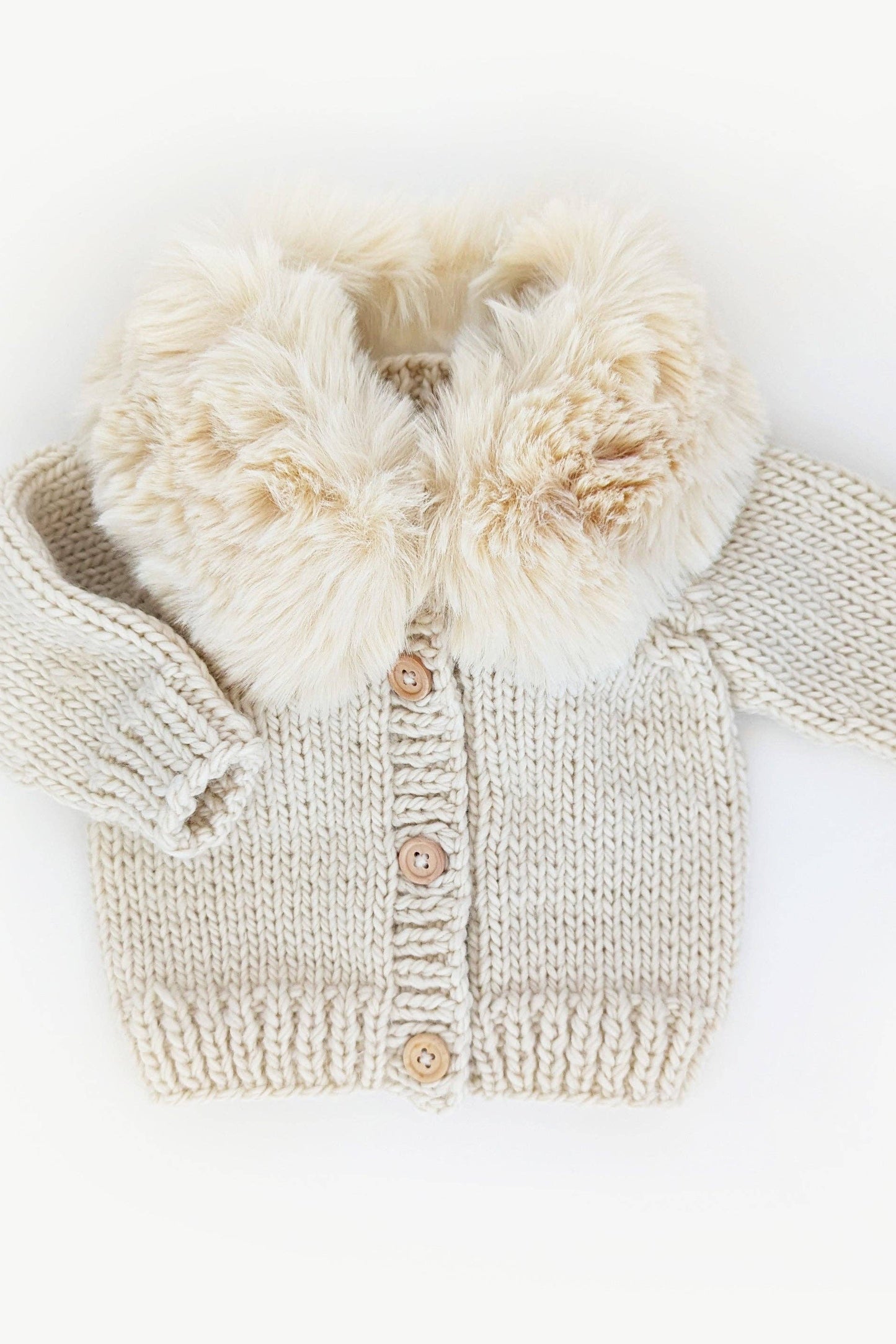 A beige faux fur collar natural cardigan sweater for baby & toddler, displayed on a white background.