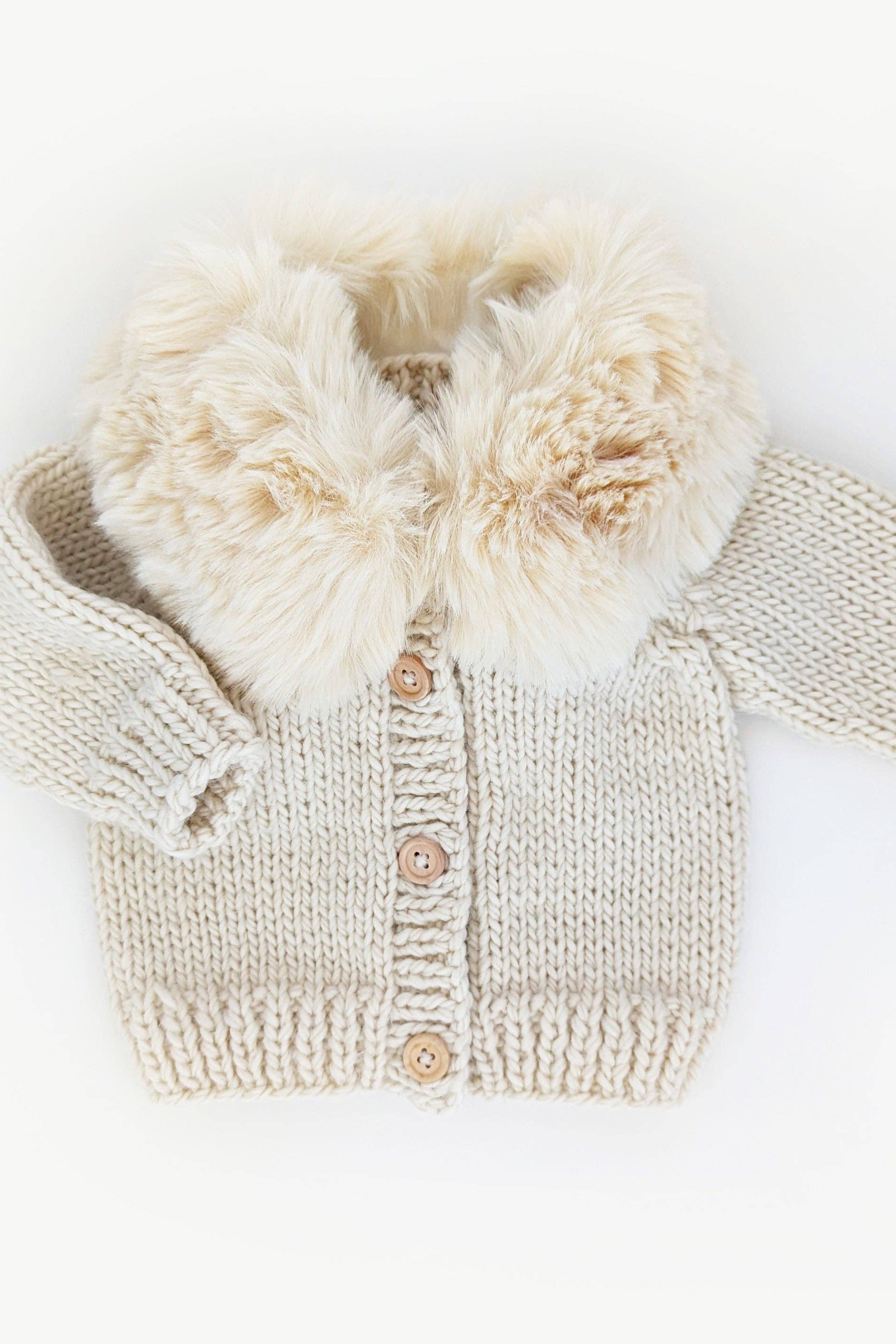 A beige faux fur collar natural cardigan sweater for baby & toddler, displayed on a white background.