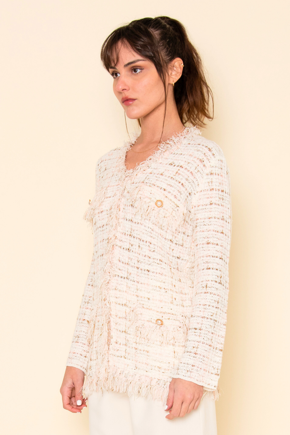 Freida Frayed Tweed Ribbon Pearl Cardigan