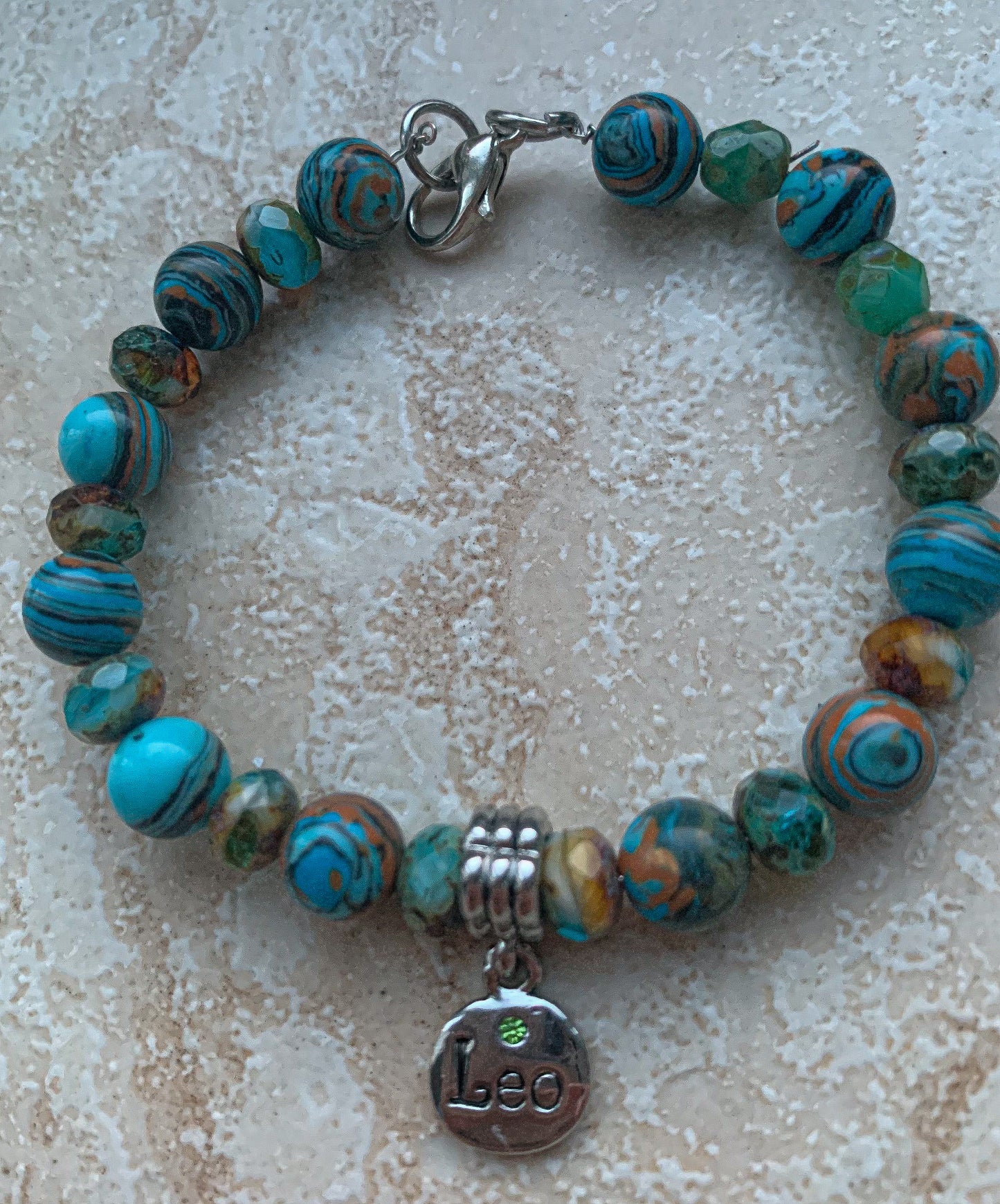 Leo Zodiac Semiprecious Rhodium Plated Charm Bracelet with Birthstone