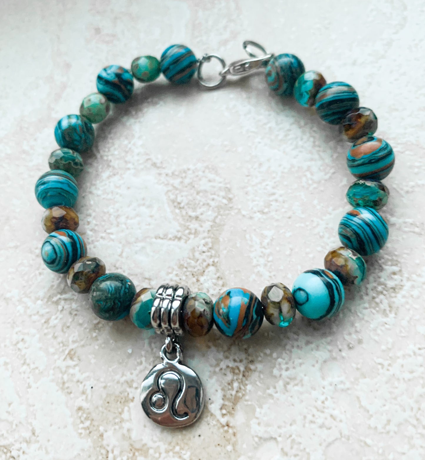 Leo Zodiac Semiprecious Rhodium Plated Charm Bracelet with Birthstone
