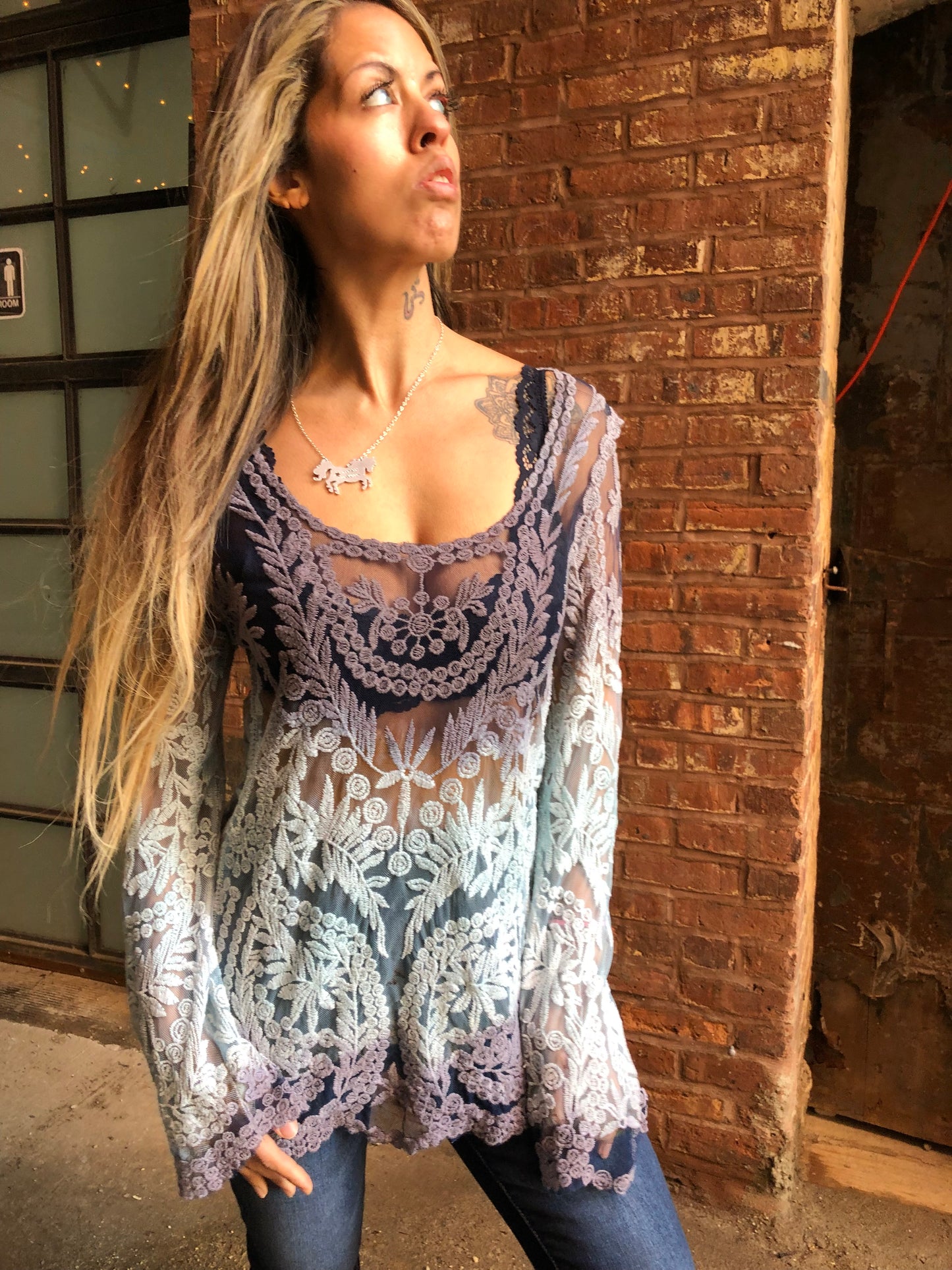 Sugar Skull Hand Dyed Lace Ombre Tunic/Sky Blue Black