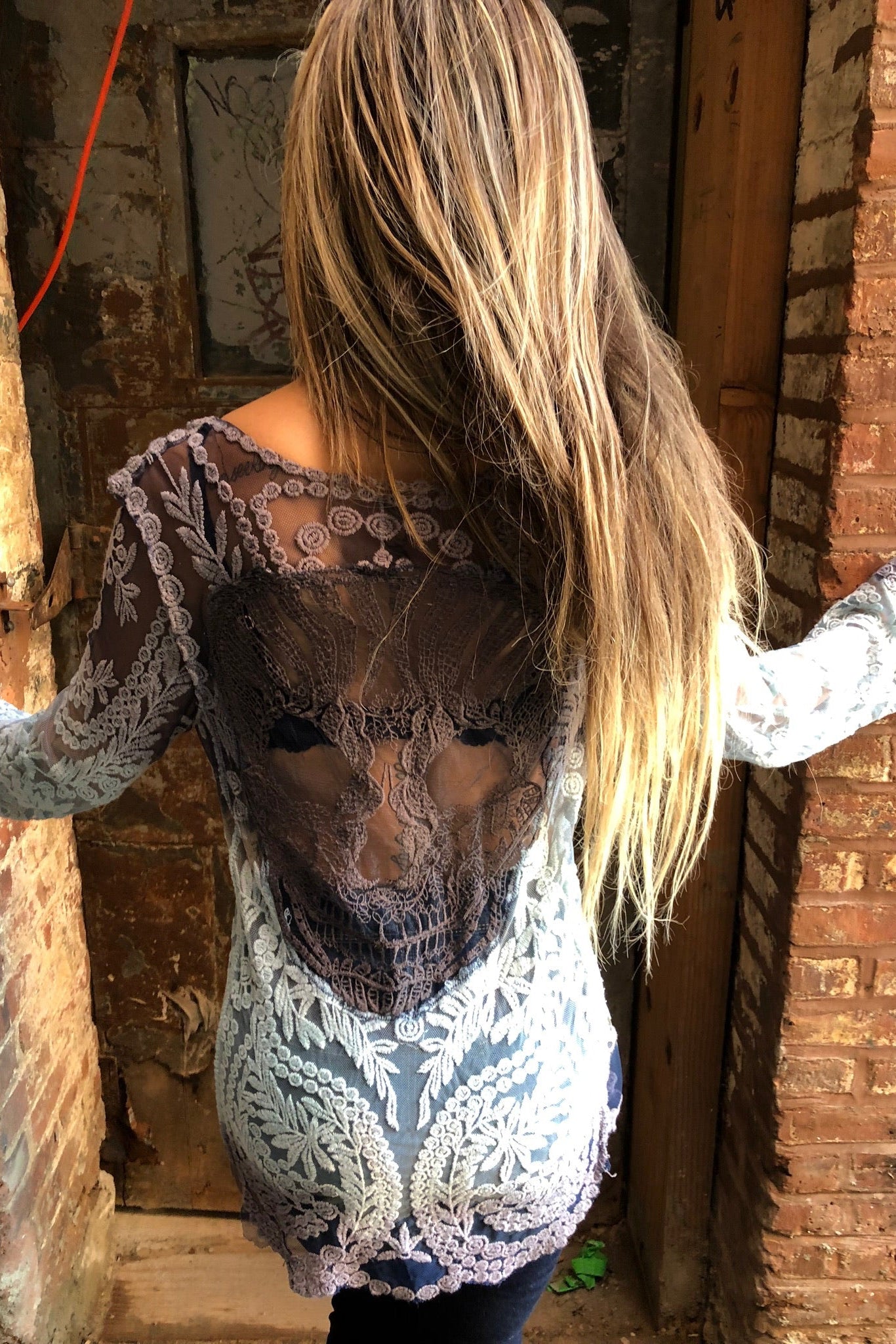 Sugar Skull Hand Dyed Lace Ombre Tunic/Sky Blue Black