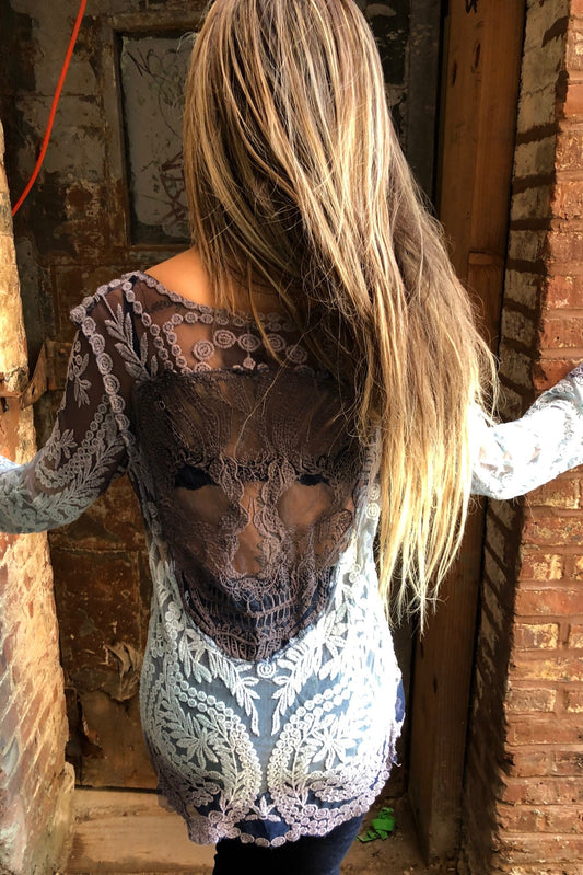 Sugar Skull Hand Dyed Lace Ombre Tunic/Sky Blue Black