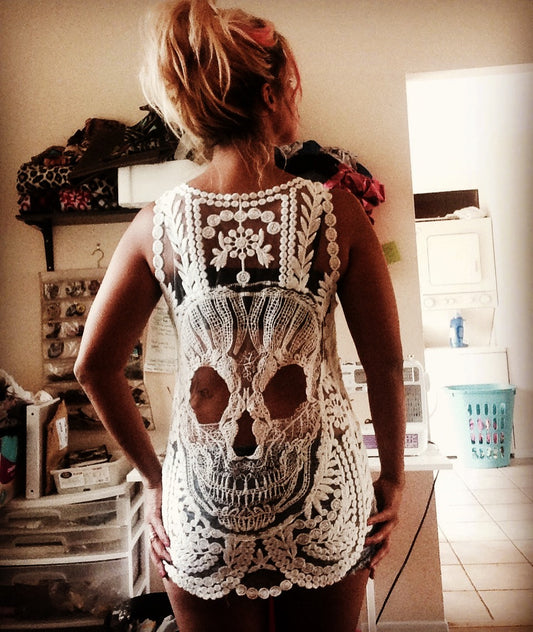 ONE LEFT Original Sugar Skull White Embroidered Tank Top