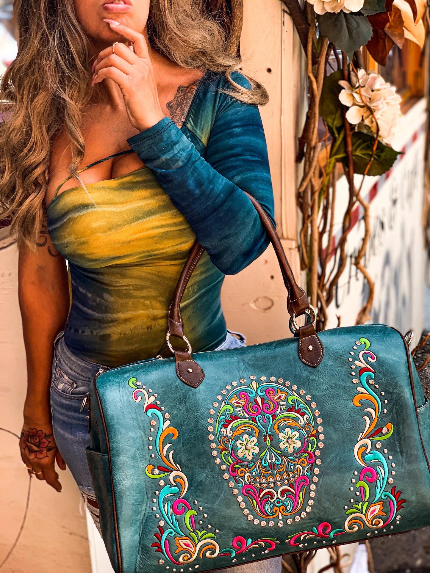 Sugar Skull Vegan Leather Weekender Bag in Blue Heaven