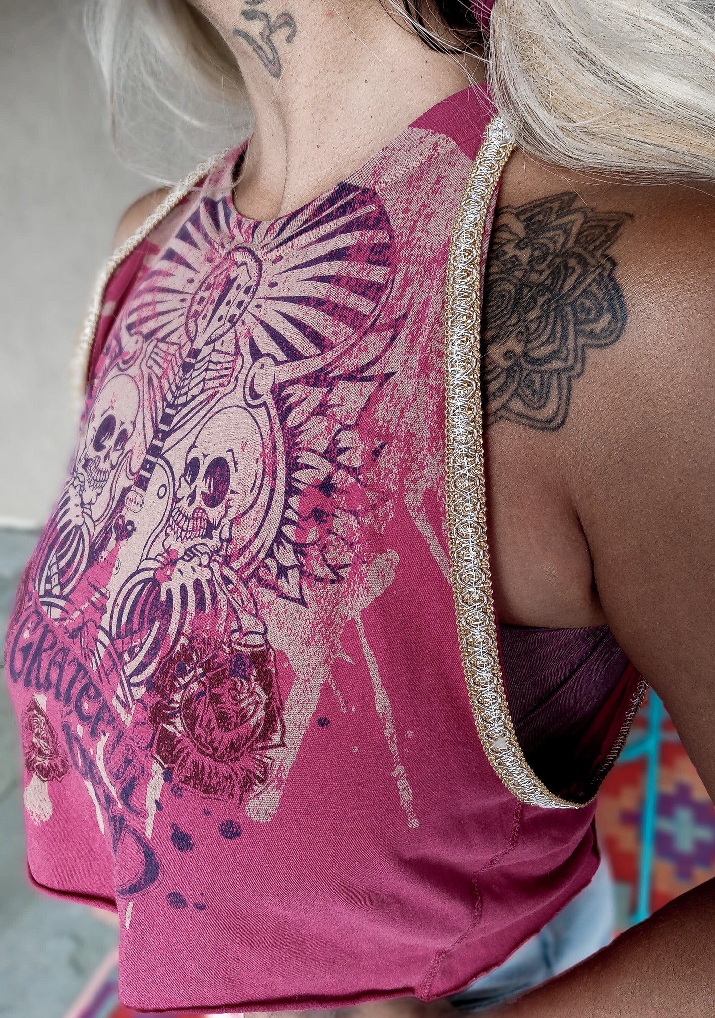 Grateful Dead Reworked Skull Cropped Tshirt with Bohemian Trim